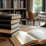 Stapel av deckare på skrivbord i bibliotek med mjukt eftermiddagsljus