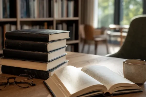 Stapel av deckare på skrivbord i bibliotek med mjukt eftermiddagsljus